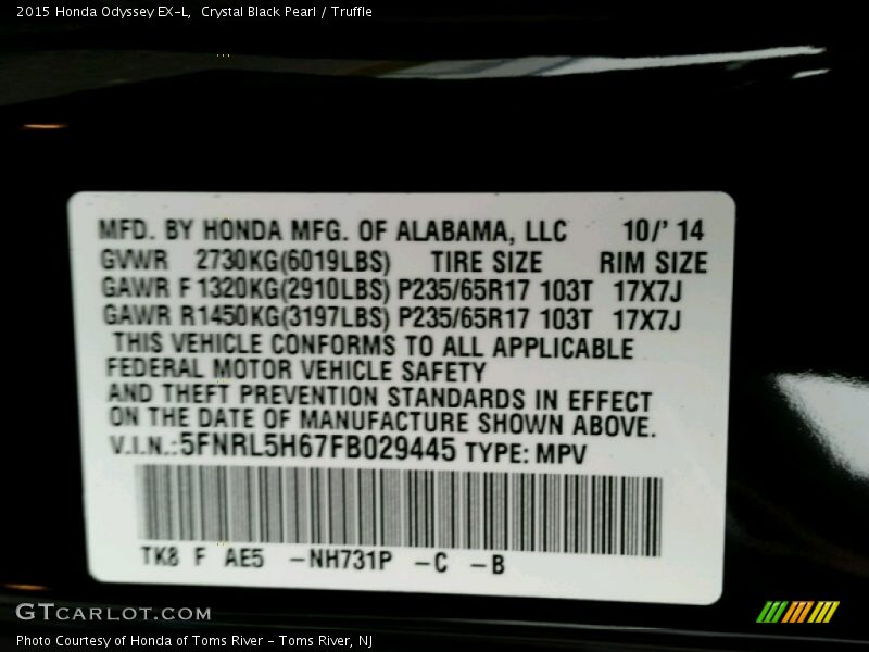 Crystal Black Pearl / Truffle 2015 Honda Odyssey EX-L