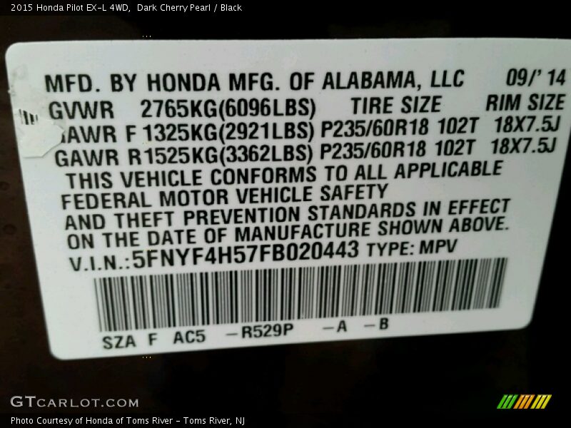 Dark Cherry Pearl / Black 2015 Honda Pilot EX-L 4WD
