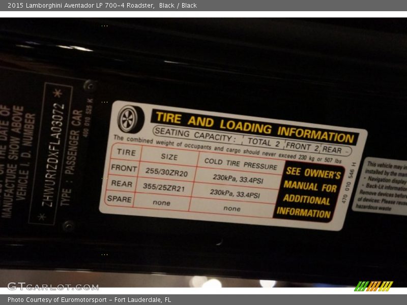 Info Tag of 2015 Aventador LP 700-4 Roadster