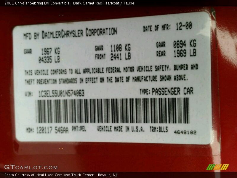 Dark Garnet Red Pearlcoat / Taupe 2001 Chrysler Sebring LXi Convertible