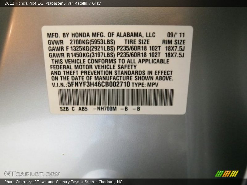 Alabaster Silver Metallic / Gray 2012 Honda Pilot EX