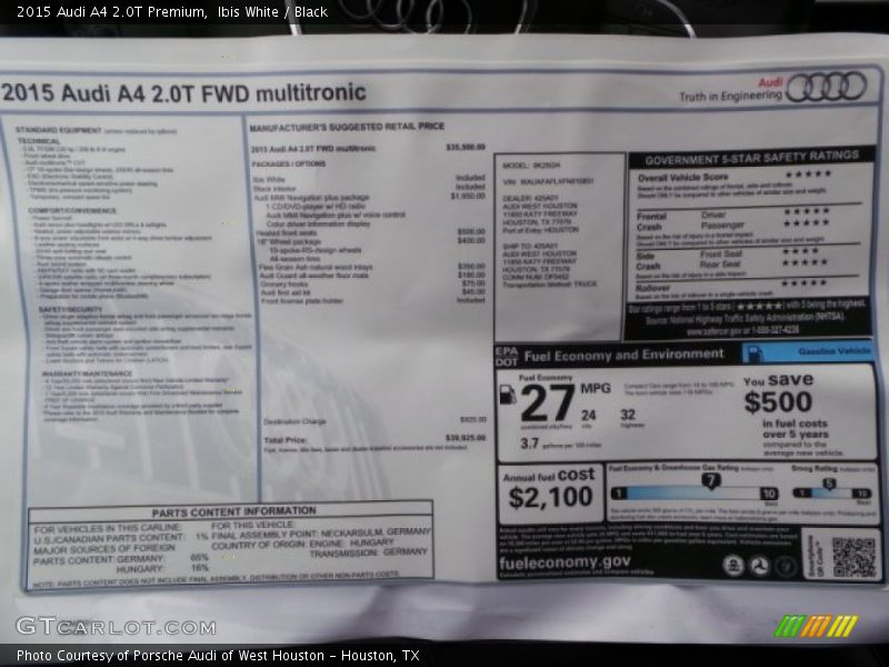 Ibis White / Black 2015 Audi A4 2.0T Premium