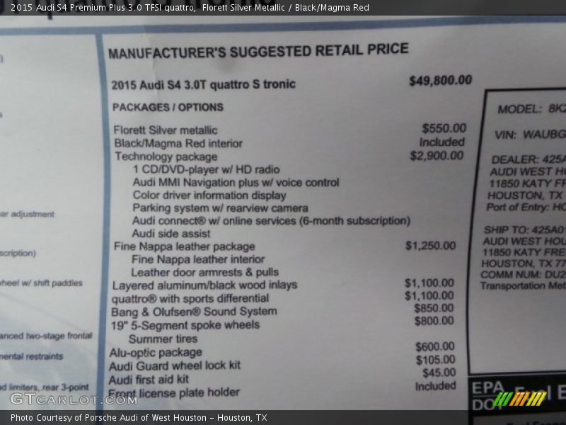  2015 S4 Premium Plus 3.0 TFSI quattro Window Sticker