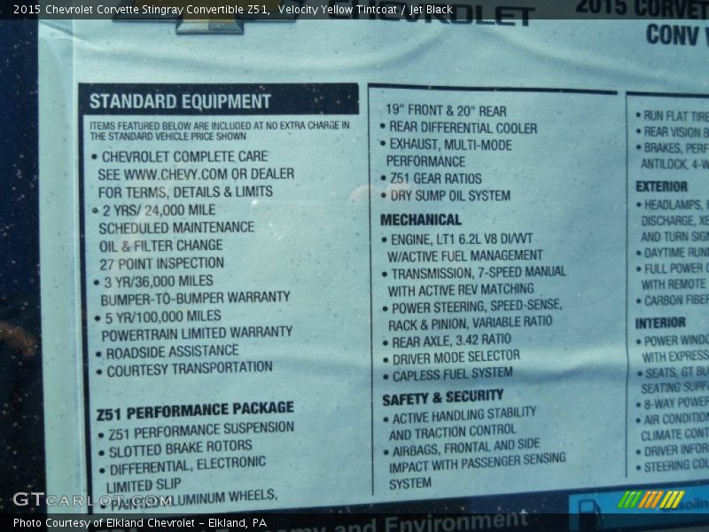  2015 Corvette Stingray Convertible Z51 Window Sticker