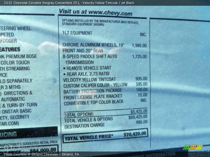  2015 Corvette Stingray Convertible Z51 Window Sticker
