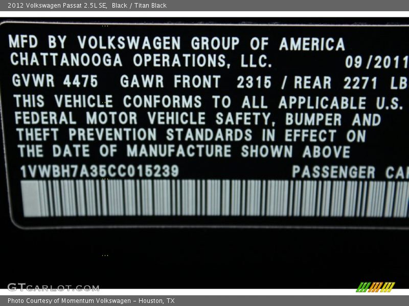 Black / Titan Black 2012 Volkswagen Passat 2.5L SE
