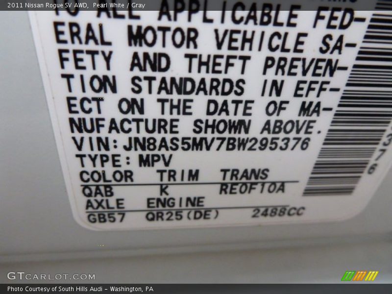 Pearl White / Gray 2011 Nissan Rogue SV AWD