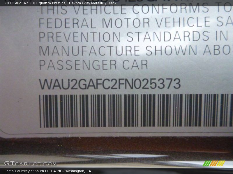 Dakota Gray Metallic / Black 2015 Audi A7 3.0T quattro Prestige