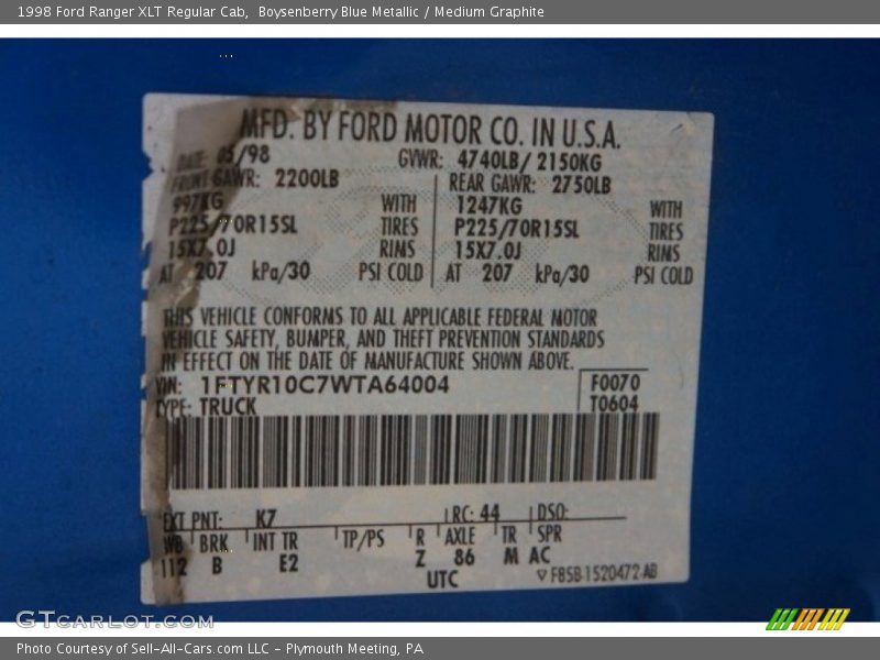 Boysenberry Blue Metallic / Medium Graphite 1998 Ford Ranger XLT Regular Cab