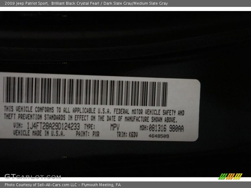 Brilliant Black Crystal Pearl / Dark Slate Gray/Medium Slate Gray 2009 Jeep Patriot Sport