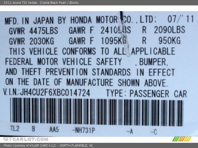 Crystal Black Pearl / Ebony 2011 Acura TSX Sedan