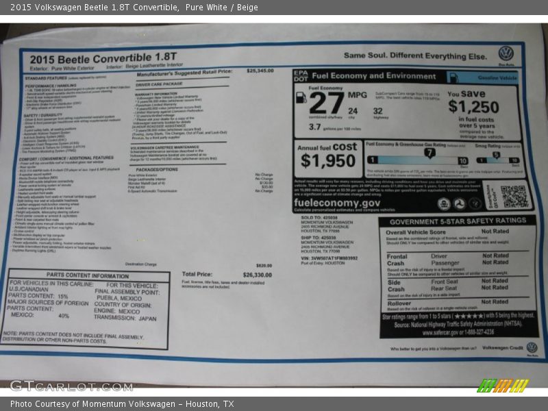  2015 Beetle 1.8T Convertible Window Sticker