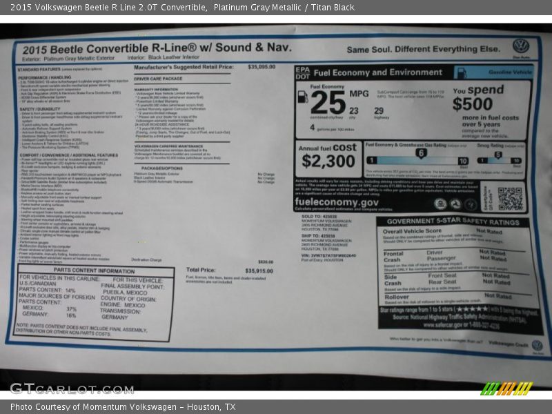  2015 Beetle R Line 2.0T Convertible Window Sticker