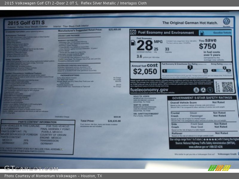  2015 Golf GTI 2-Door 2.0T S Window Sticker