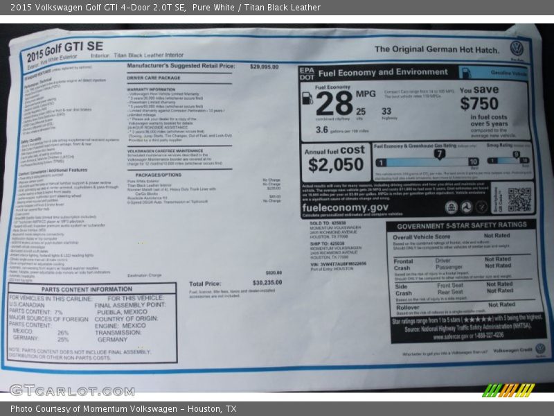 Pure White / Titan Black Leather 2015 Volkswagen Golf GTI 4-Door 2.0T SE