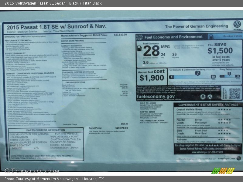  2015 Passat SE Sedan Window Sticker