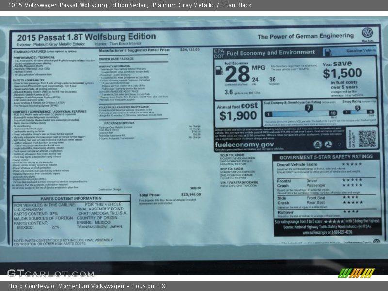 Platinum Gray Metallic / Titan Black 2015 Volkswagen Passat Wolfsburg Edition Sedan