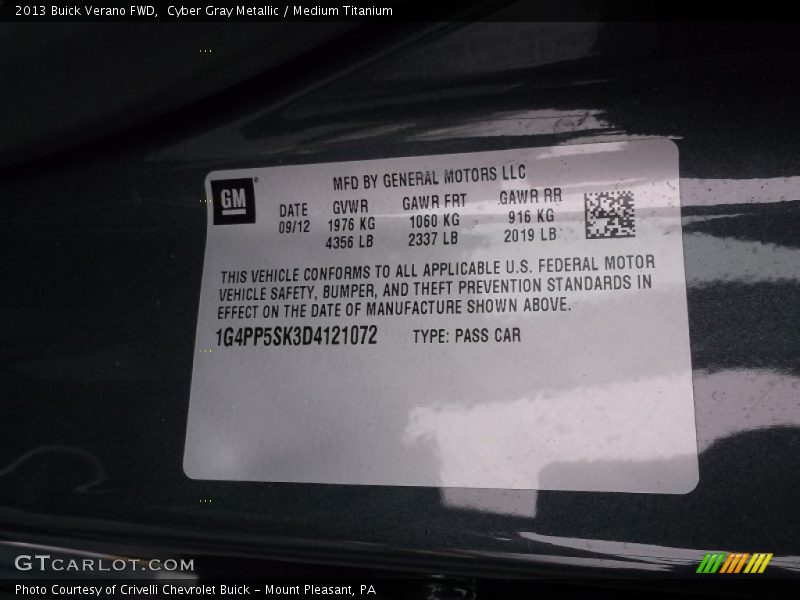 Cyber Gray Metallic / Medium Titanium 2013 Buick Verano FWD