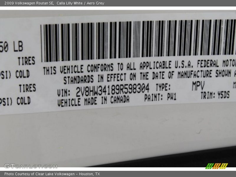 Calla Lilly White / Aero Grey 2009 Volkswagen Routan SE