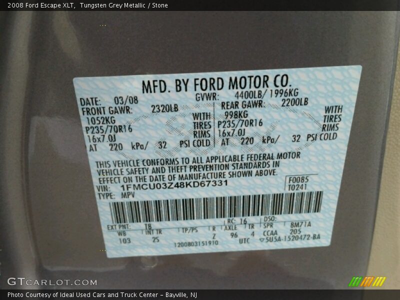 Tungsten Grey Metallic / Stone 2008 Ford Escape XLT