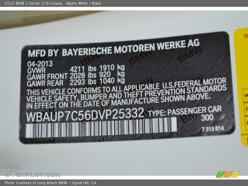 Alpine White / Black 2013 BMW 1 Series 128i Coupe