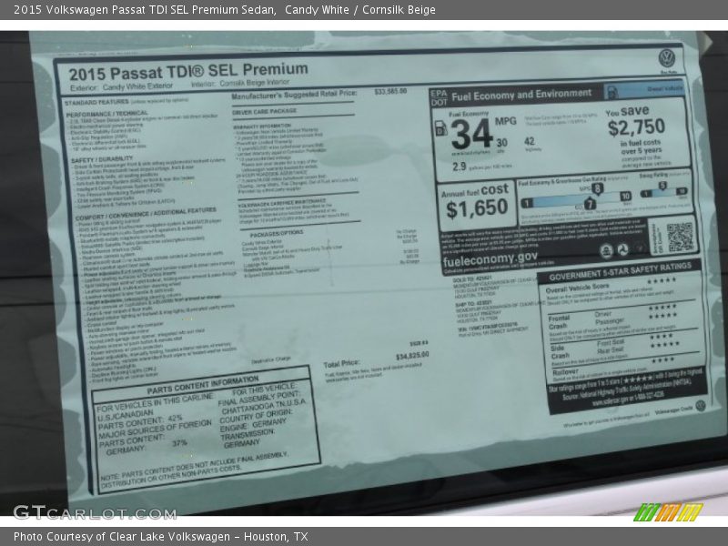  2015 Passat TDI SEL Premium Sedan Window Sticker