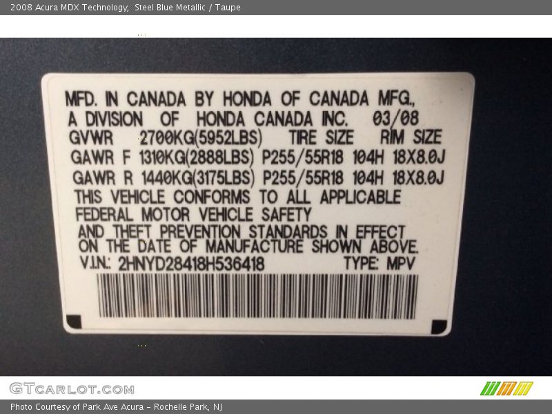 Steel Blue Metallic / Taupe 2008 Acura MDX Technology