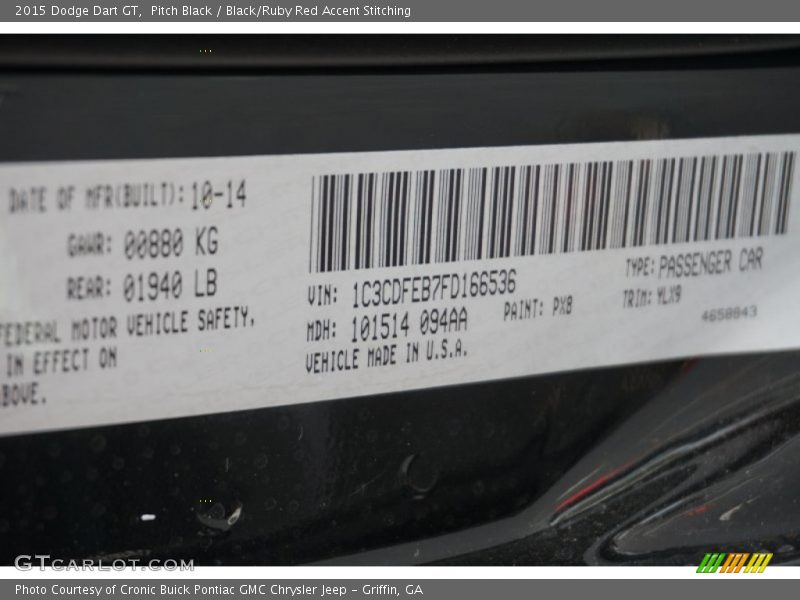Pitch Black / Black/Ruby Red Accent Stitching 2015 Dodge Dart GT