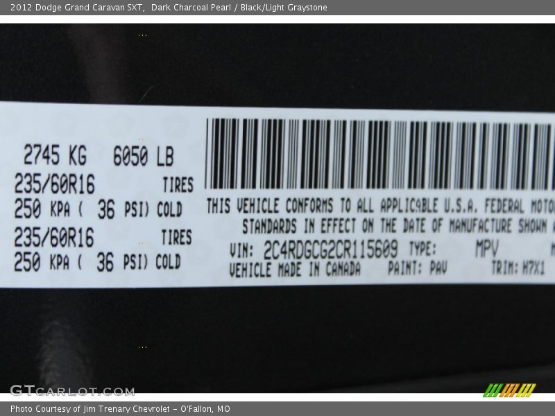 Dark Charcoal Pearl / Black/Light Graystone 2012 Dodge Grand Caravan SXT