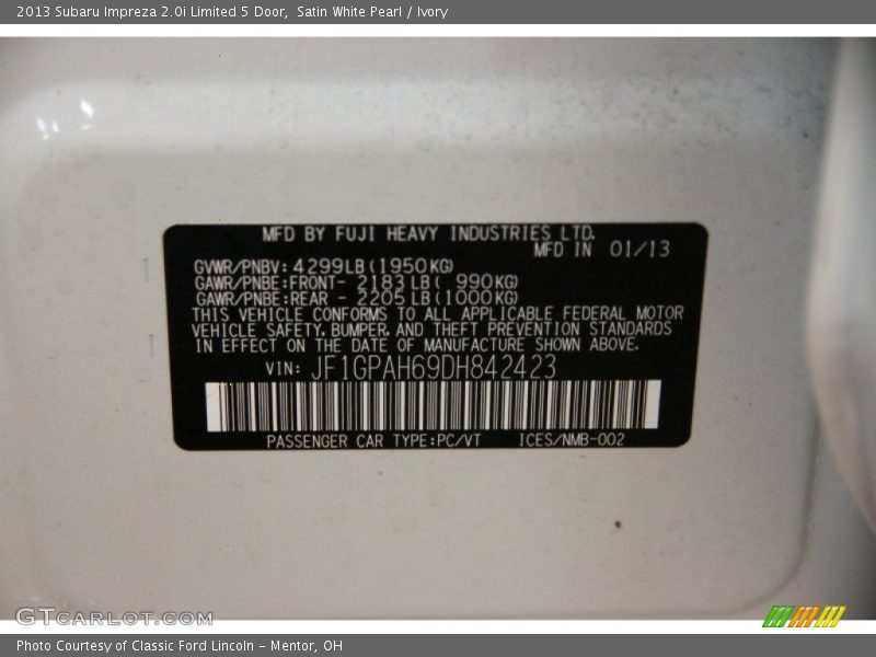 Satin White Pearl / Ivory 2013 Subaru Impreza 2.0i Limited 5 Door
