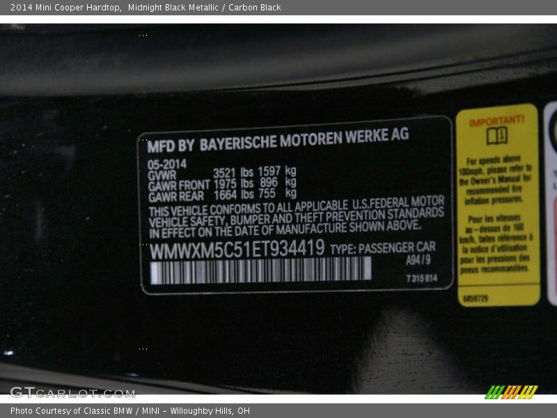 Midnight Black Metallic / Carbon Black 2014 Mini Cooper Hardtop