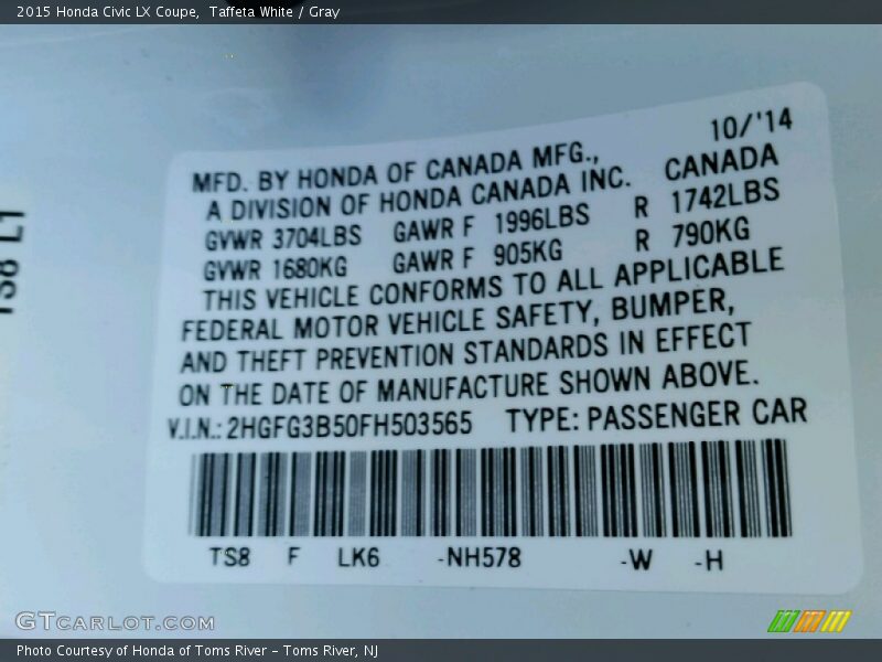 Taffeta White / Gray 2015 Honda Civic LX Coupe