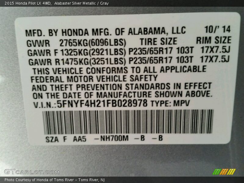 Alabaster Silver Metallic / Gray 2015 Honda Pilot LX 4WD