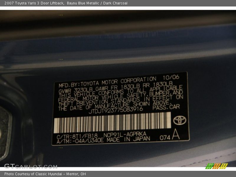 Bayou Blue Metallic / Dark Charcoal 2007 Toyota Yaris 3 Door Liftback