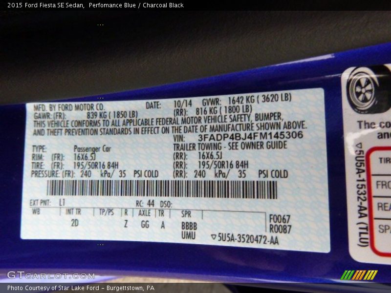 2015 Fiesta SE Sedan Perfomance Blue Color Code L1