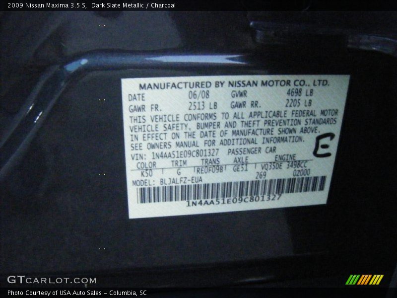 Dark Slate Metallic / Charcoal 2009 Nissan Maxima 3.5 S
