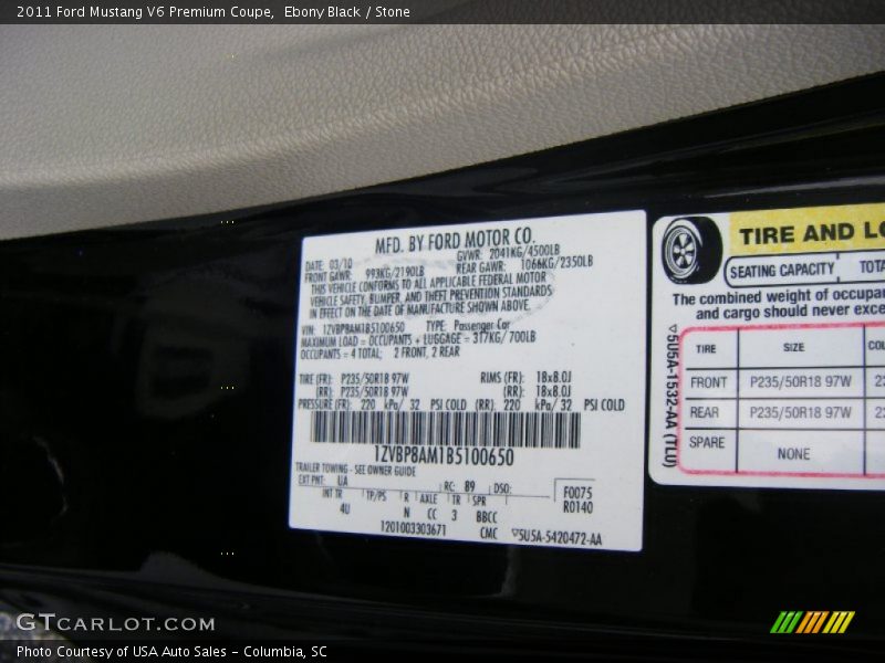 Ebony Black / Stone 2011 Ford Mustang V6 Premium Coupe