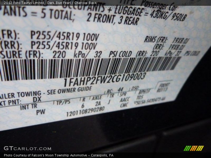 Dark Blue Pearl / Charcoal Black 2012 Ford Taurus Limited