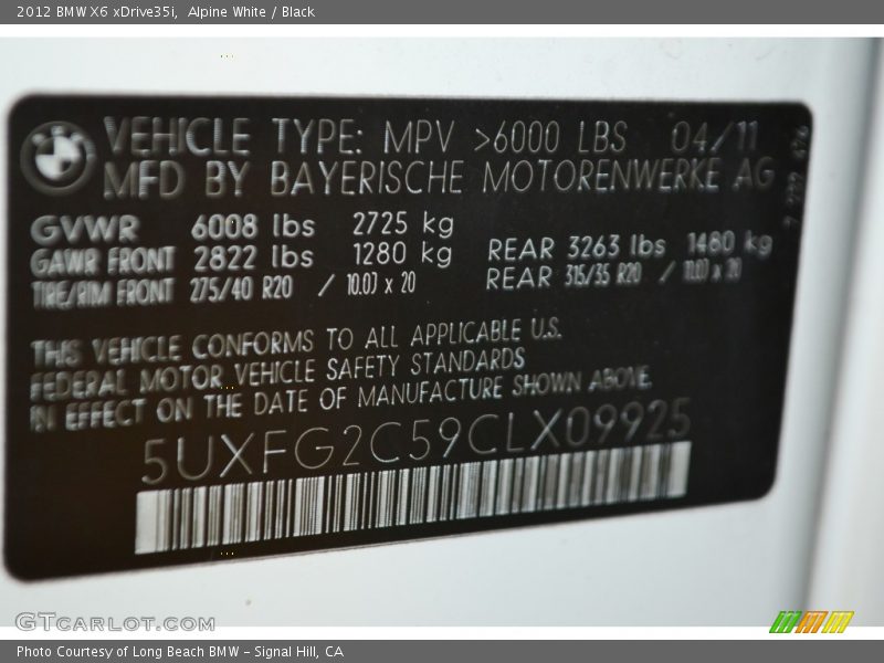 Alpine White / Black 2012 BMW X6 xDrive35i