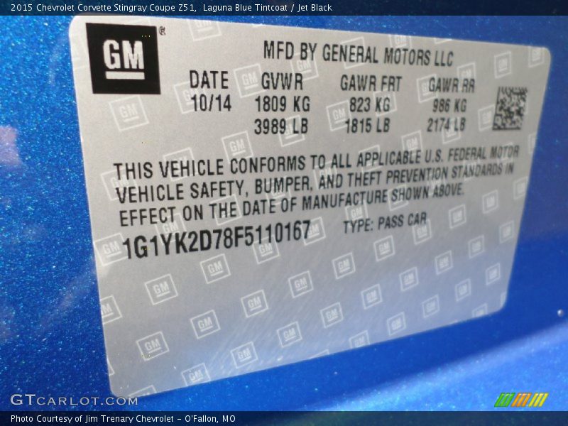 Laguna Blue Tintcoat / Jet Black 2015 Chevrolet Corvette Stingray Coupe Z51