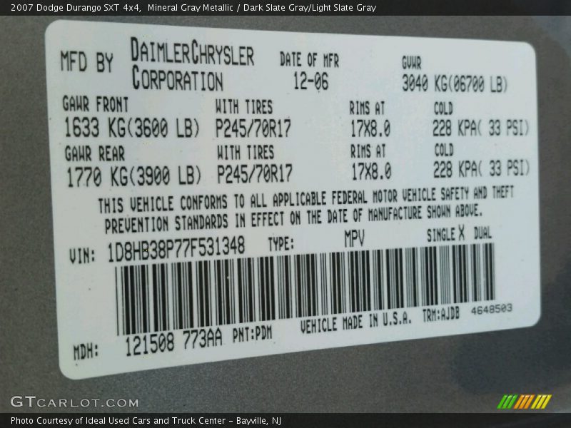 Mineral Gray Metallic / Dark Slate Gray/Light Slate Gray 2007 Dodge Durango SXT 4x4