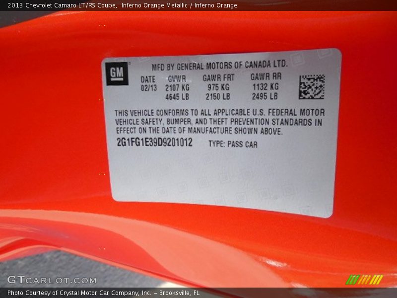 Info Tag of 2013 Camaro LT/RS Coupe