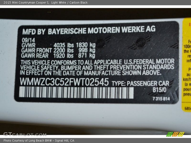 2015 Countryman Cooper S Light White Color Code B15
