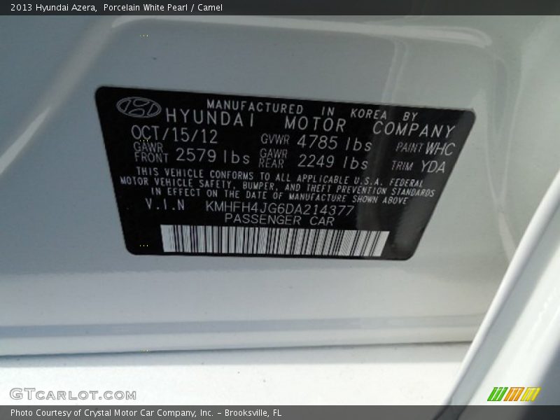 Porcelain White Pearl / Camel 2013 Hyundai Azera