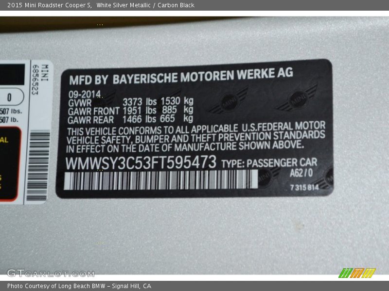 2015 Roadster Cooper S White Silver Metallic Color Code A62