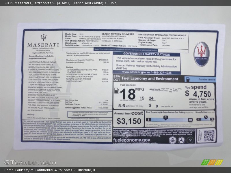  2015 Quattroporte S Q4 AWD Window Sticker