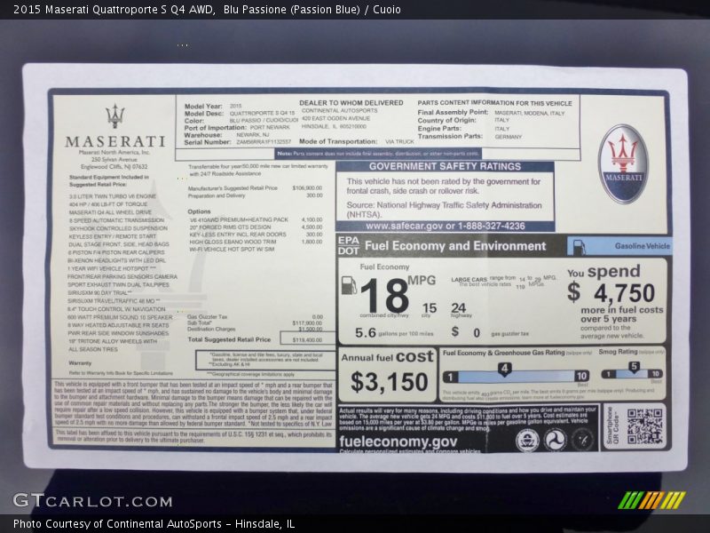  2015 Quattroporte S Q4 AWD Window Sticker