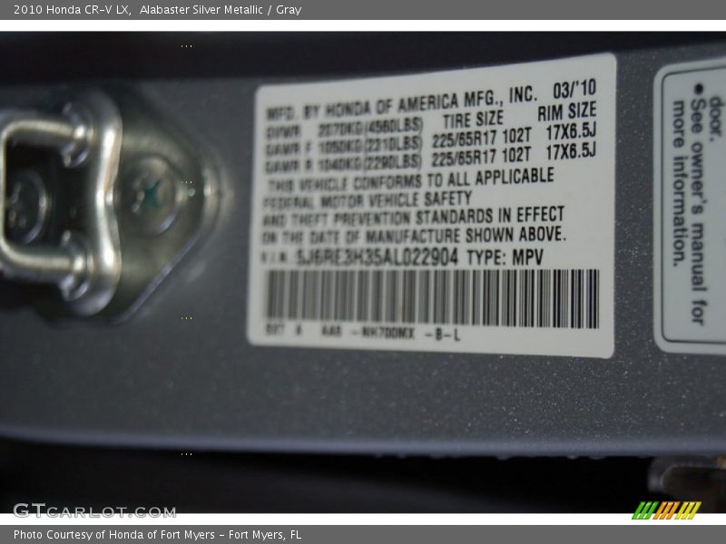 Alabaster Silver Metallic / Gray 2010 Honda CR-V LX