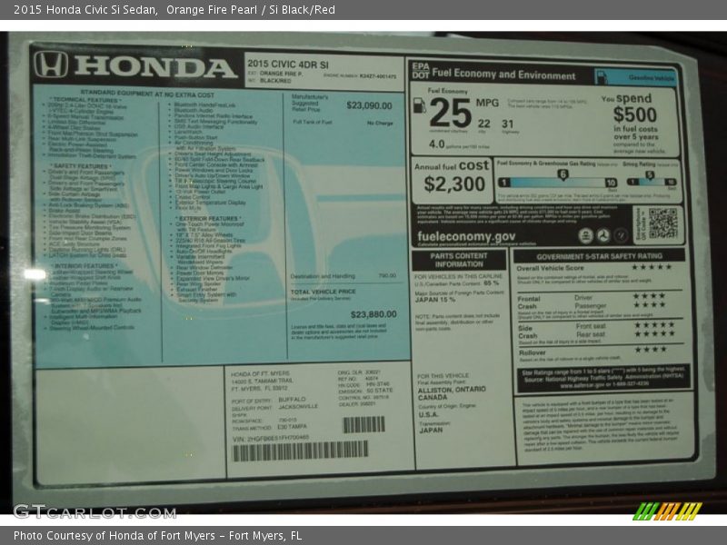  2015 Civic Si Sedan Window Sticker