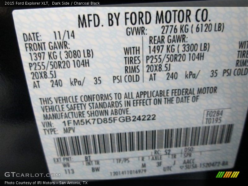2015 Explorer XLT Dark Side Color Code BT